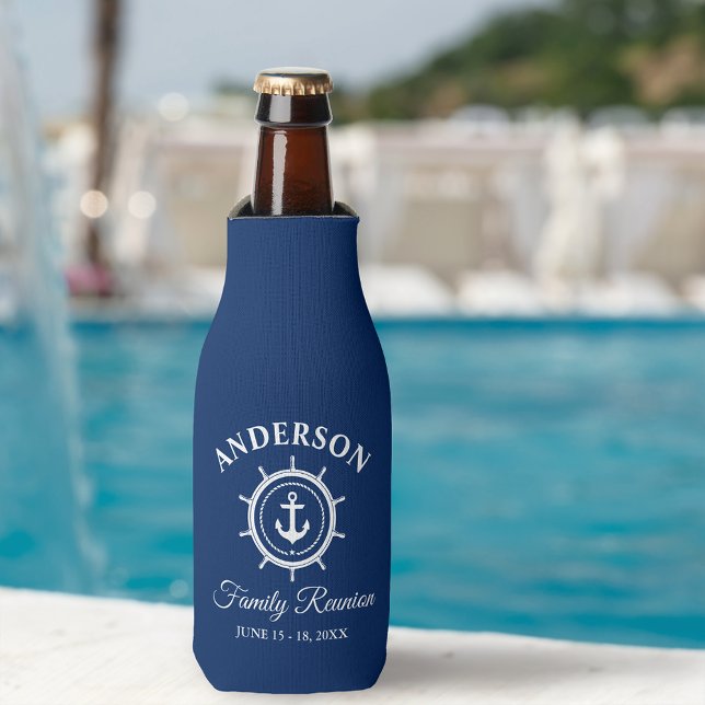 Nautical Anchor Helm Family Reunion Navy Blue Bottle Cooler (Customize to change text size or text style.)