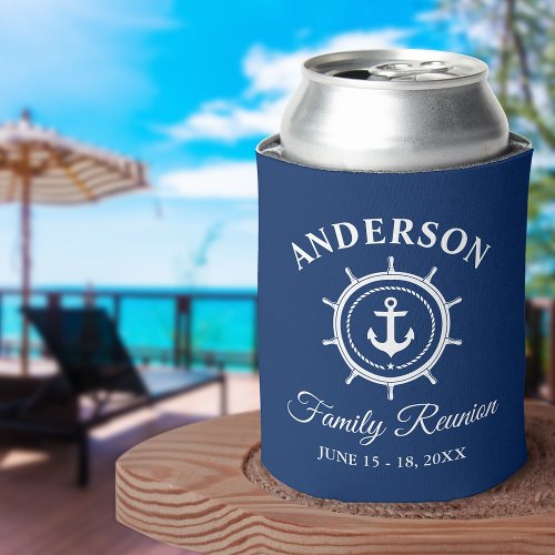 Nautical Anchor Helm Family Reunion Navy Blue Can Cooler