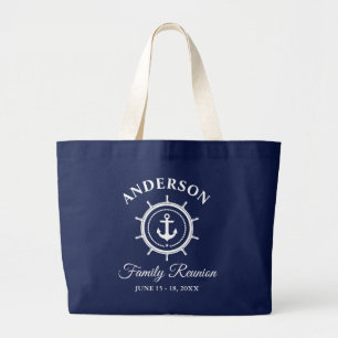 Nautical Anchor Helm Family Reunion Navy Blue Large Tote Bag