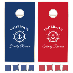 Nautical Anchor Helm Family Reunion Navy Blue Red Cornhole Set
