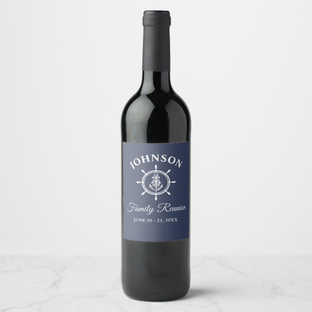 Nautical Anchor Helm Family Reunion Navy Blue Wine Label (Front)