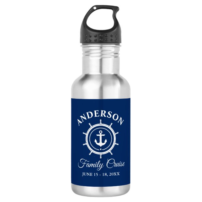 Nautical Anchor Helm Navy Blue Family Cruise Stainless Steel Water Bottle (Front)