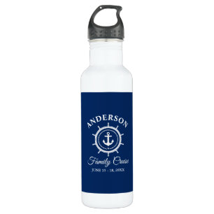 Nautical Anchor Helm Navy Blue Family Cruise White Stainless Steel Water Bottle