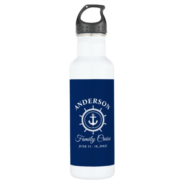 Nautical Anchor Helm Navy Blue Family Cruise White Stainless Steel Water Bottle (Front)