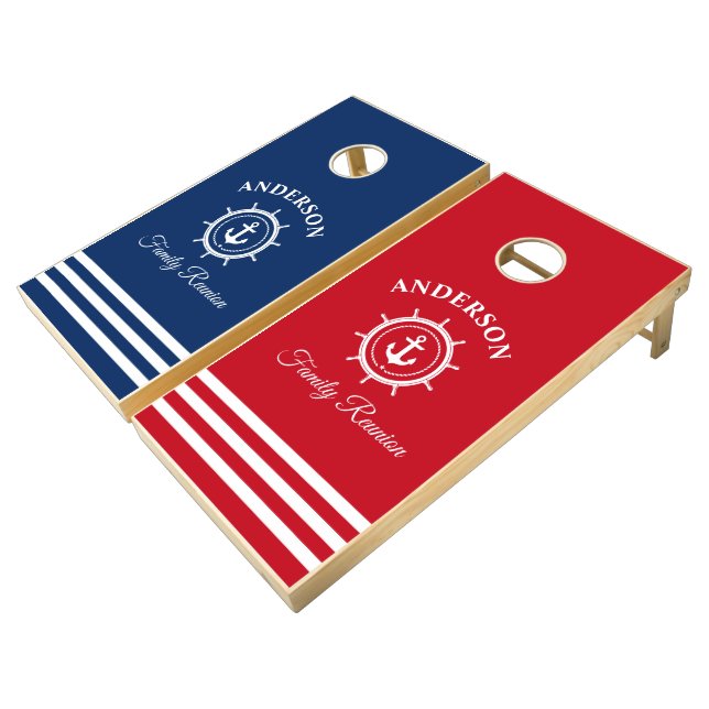 Nautical Anchor Helm Reunion Blue Red Striped  Cornhole Set (Angled)
