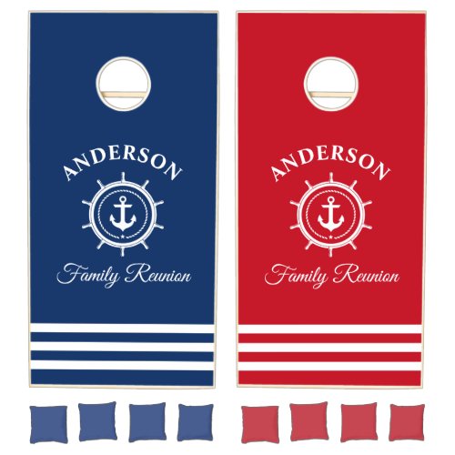 Nautical Anchor Helm Reunion Blue Red Striped  Cornhole Set