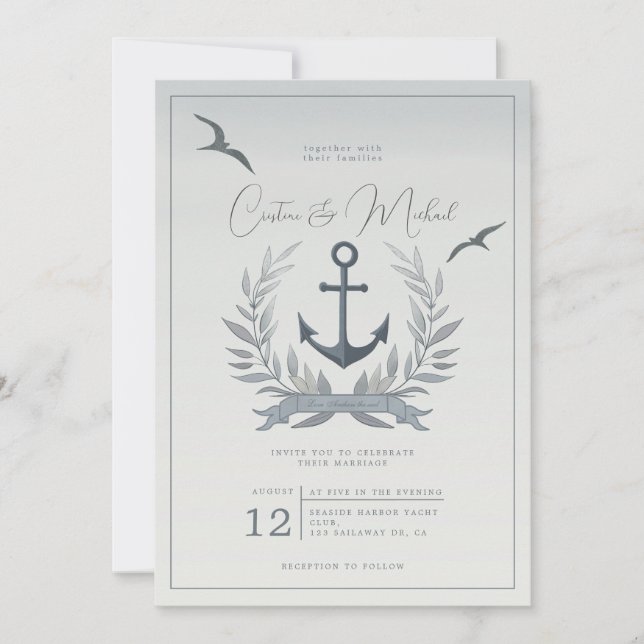 Nautical anchor herald wedding invitation (Front)