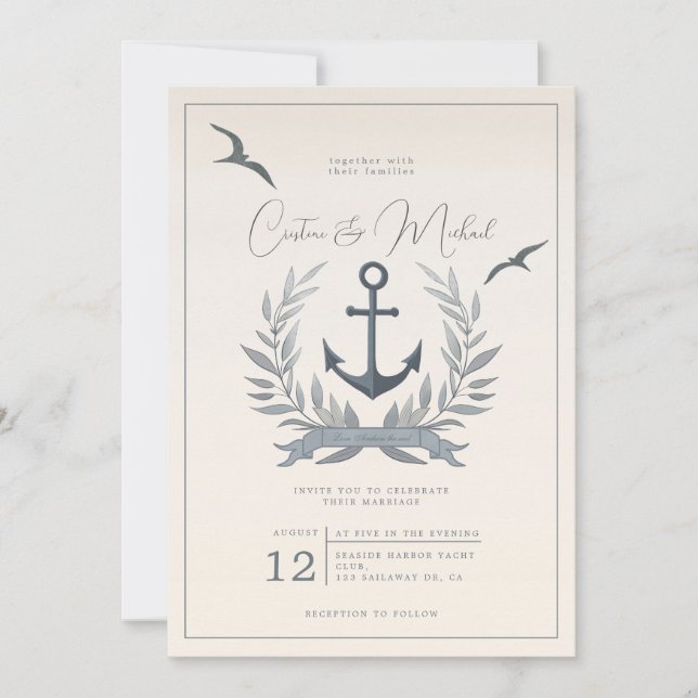 Nautical anchor herald wedding invitation (Front)
