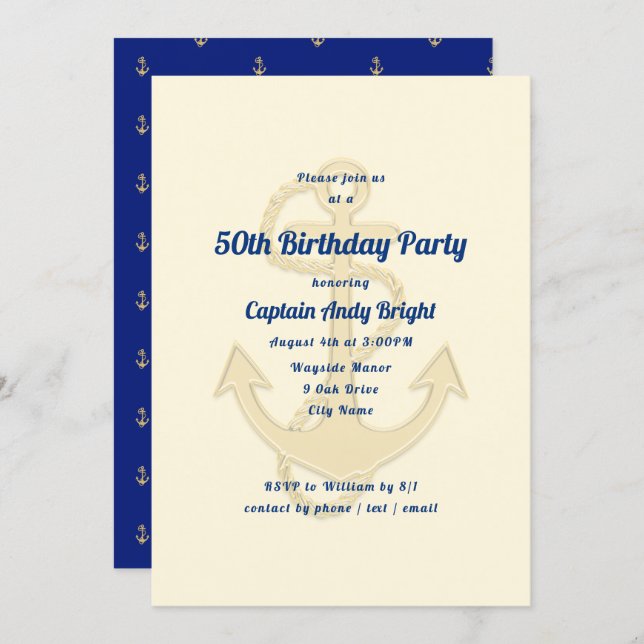 Nautical Anchor His Birthday Custom Invitations (Front/Back)