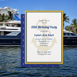 Nautical Anchor His Birthday Custom Invitations<br><div class="desc">Nautical anchor theme birthday party invitation for him.  Guys party custom invites in navy blue with a big anchor background image for navy text.  Use for any type of occasion.  Tiny gold anchor pattern on reverse over dark blue.</div>