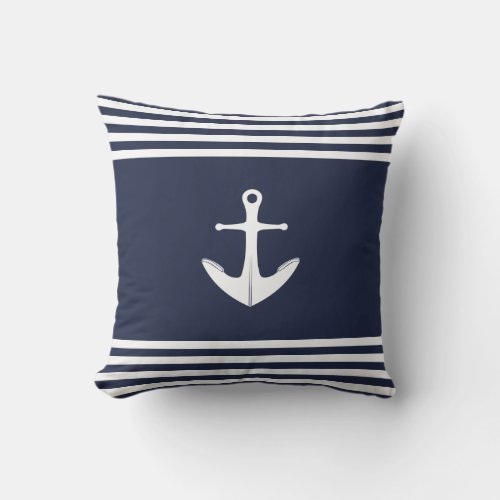 Nautical Anchor Home Decor Navy Blue and White Throw Pillow