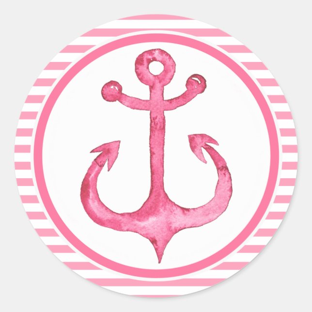 Nautical Anchor - Hot Pink Striped Classic Round Sticker (Front)