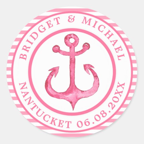 Nautical Anchor _ Hot Pink Striped Personalized Classic Round Sticker