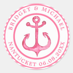 Nautical Anchor - Hot Pink Striped Personalized Classic Round Sticker