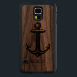 Nautical Anchor In Black leather Touch Of Gold Carved Walnut Galaxy S5 Case<br><div class="desc">Cool simple nautical anchor in black leather pattern(image). Customizable monogram</div>