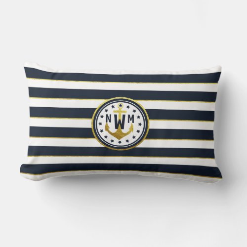 Nautical Anchor in Navy  Gold Lumbar Pillow