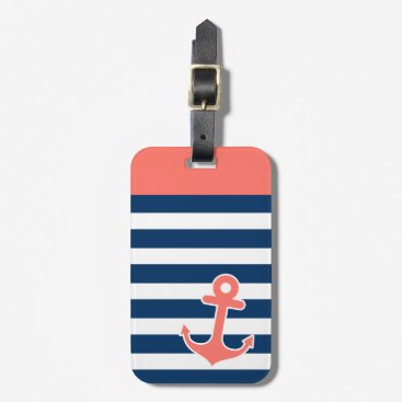Nautical Anchor in Trendy Coral Navy Stripes Bag Tag Nautical Anchor in Trendy Coral Navy Stripes Bag Tag