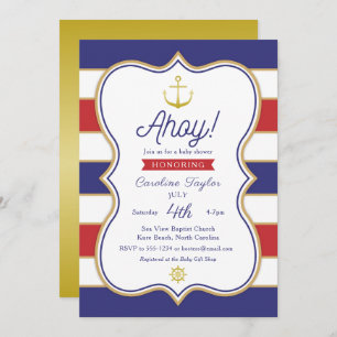 Nautical Anchor July 4th Red Blue Gold Baby Shower Invitation