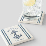 Nautical Anchor Lake House Navy Blue  Stone Coaster<br><div class="desc">Nautical Anchor Lake House Navy Blue stone coasters features a white background with a blue anchor and navy blue rope stripes. Personalize it with your family name and the date established in a classic navy blue font. Perfect for summer beach homes and waterfront cottages and boats..</div>