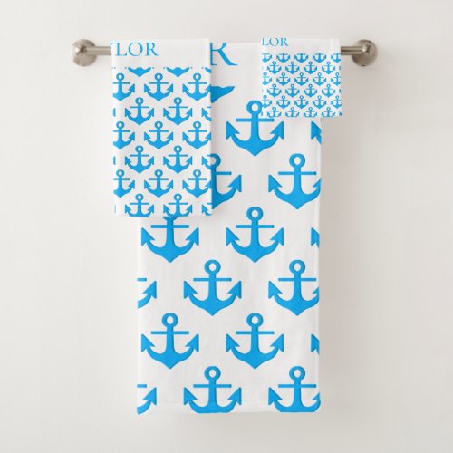 Nautical anchor light blue white monogram bath towel set