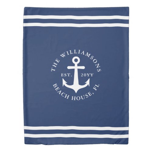 Nautical Anchor Light Navy Blue and White Family Duvet Cover