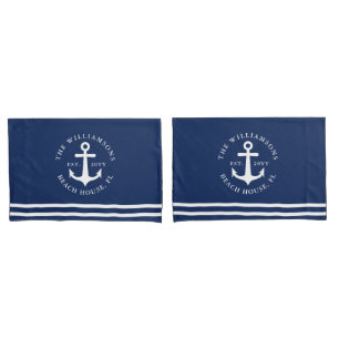 Nautical Anchor Light Navy Blue and White Pillow Case