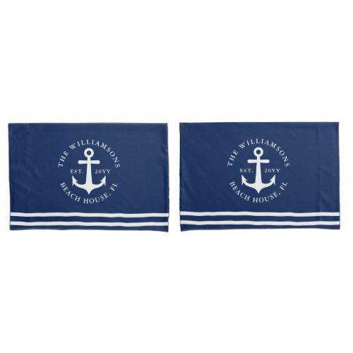 Nautical Anchor Light Navy Blue and White  Pillow Case