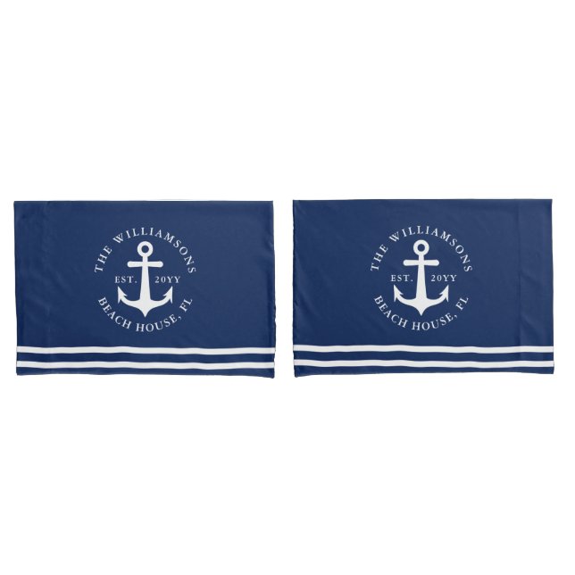 Nautical Anchor Light Navy Blue and White  Pillow Case (Front-Set)