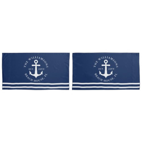 Nautical Anchor Light Navy Blue White King Size Pillow Case