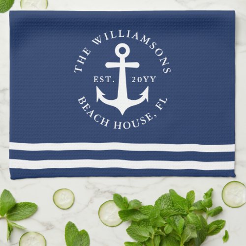 Nautical Anchor Light Navy Blue White Monogrammed Kitchen Towel