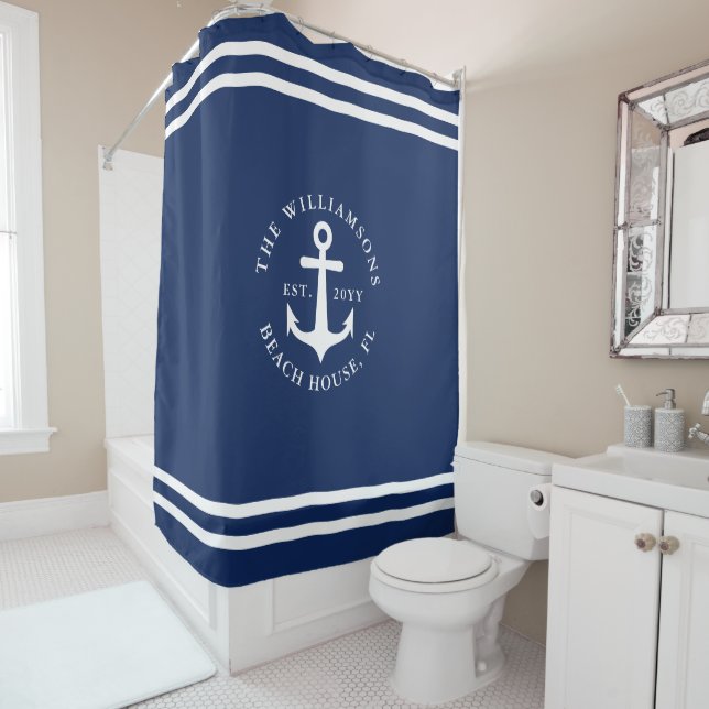 Nautical Anchor Light Navy Blue White Personalized Shower Curtain (In Situ)