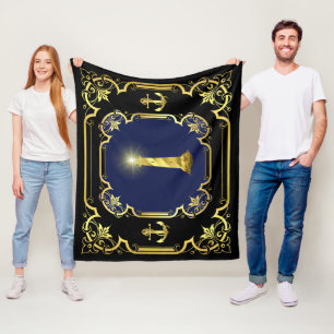 Nautical anchor/lighthouse black/gold/blue fleece blanket