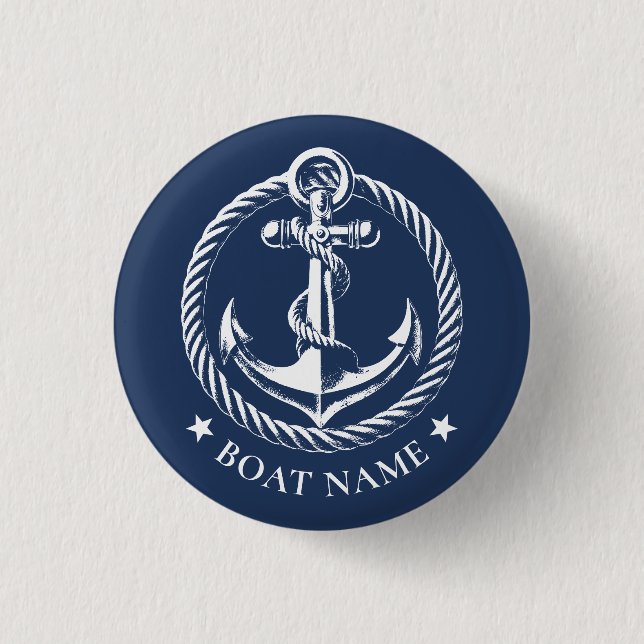 Nautical Anchor Logo Navy Blue Boat Name Button (Front)