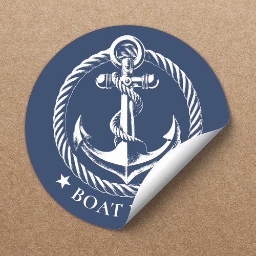 Nautical Anchor Logo Navy Blue Boat Name Classic Round Sticker