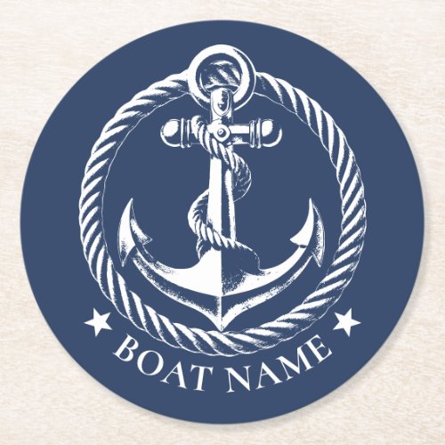 Nautical Anchor Logo Navy Blue Boat Name Round Paper Coaster