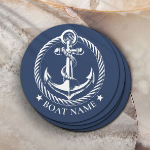Nautical Anchor Logo Navy Blue Boat Name Round Paper Coaster