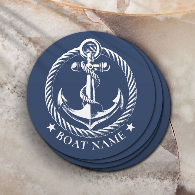 Nautical Anchor Logo Navy Blue Boat Name Round Paper Coaster (Creator Uploaded)