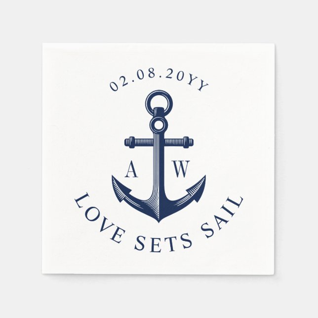 Nautical Anchor Love Sets Sail Custom Monograms Paper Napkins (Front)