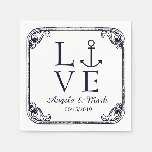 Nautical Anchor Love Vintage Personalized Wedding Paper Napkins