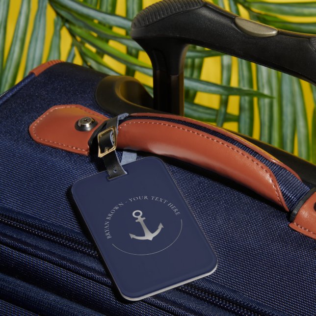 Nautical Anchor Luggage Tag w/ leather strap (Front Insitu 1)