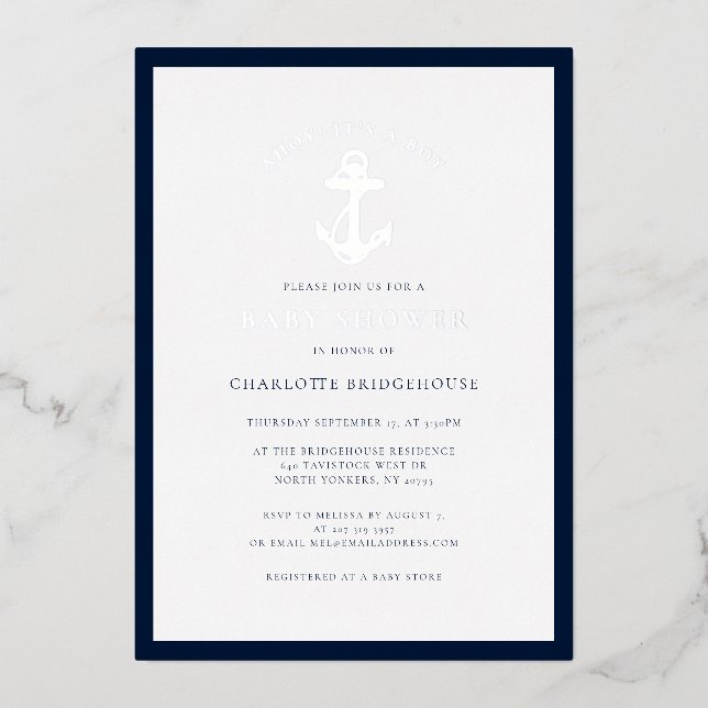 Nautical Anchor Minimalist Boy Baby Shower Silver Foil Invitation (Front)