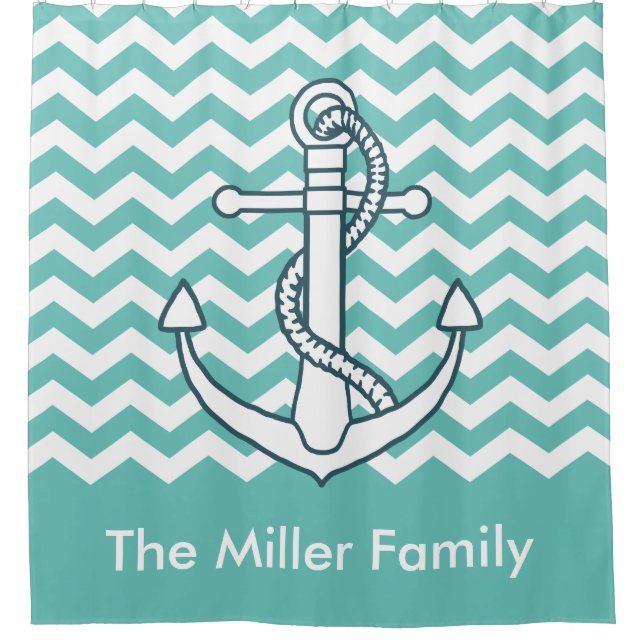 Nautical Anchor Mint Green Chevron Monogram Name Shower Curtain (Front)