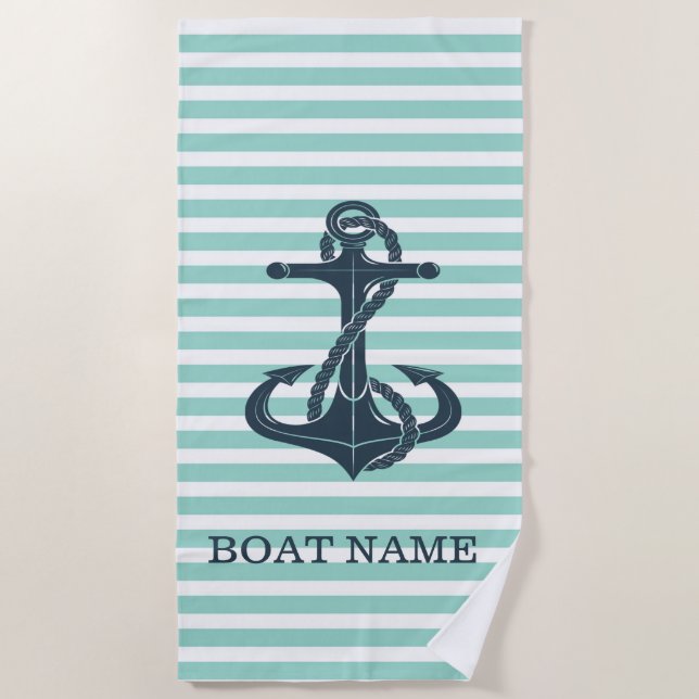 Nautical,Anchor,Mint Green Stripes Beach Towel (Front)