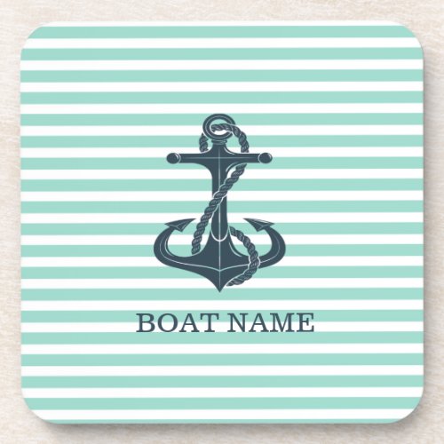 NauticalAnchorMint Green Stripes Beverage Coaster