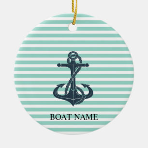 Nautical,Anchor,Mint Green Stripes Ceramic Ornament