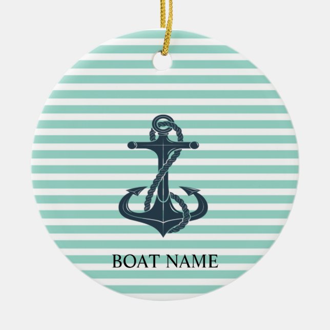 Nautical,Anchor,Mint Green Stripes Ceramic Ornament (Front)