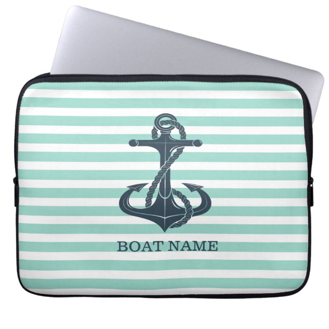Nautical,Anchor,Mint Green Stripes Laptop Sleeve (Front)