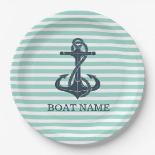 Nautical,Anchor,Mint Green Stripes Paper Plates