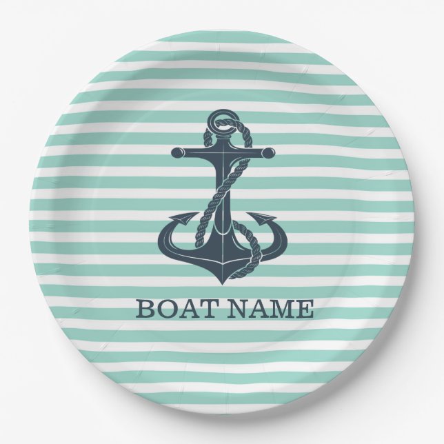 Nautical,Anchor,Mint Green Stripes Paper Plates (Front)