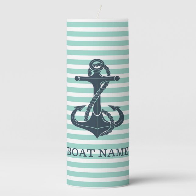 Nautical,Anchor,Mint Green Stripes Pillar Candle (Front)